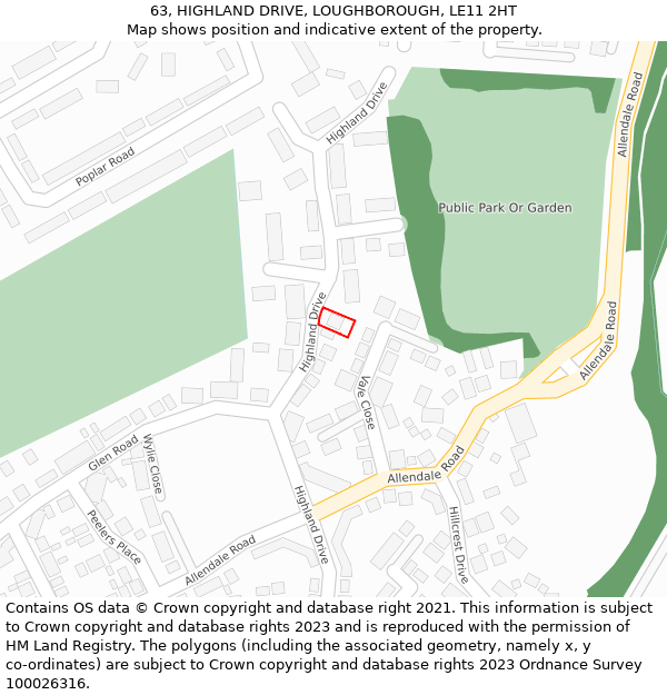 63, HIGHLAND DRIVE, LOUGHBOROUGH, LE11 2HT: Location map and indicative extent of plot