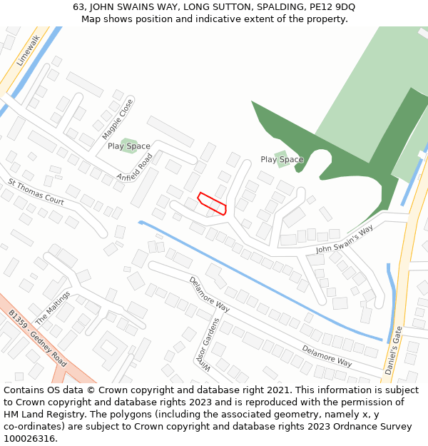 63, JOHN SWAINS WAY, LONG SUTTON, SPALDING, PE12 9DQ: Location map and indicative extent of plot