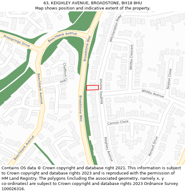 63, KEIGHLEY AVENUE, BROADSTONE, BH18 8HU: Location map and indicative extent of plot