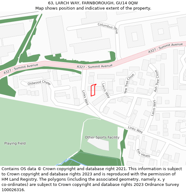 63, LARCH WAY, FARNBOROUGH, GU14 0QW: Location map and indicative extent of plot