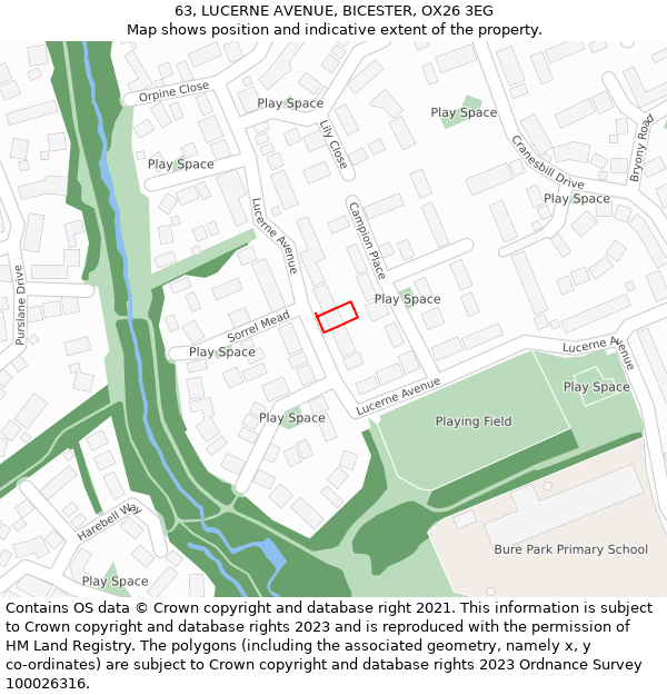 63, LUCERNE AVENUE, BICESTER, OX26 3EG: Location map and indicative extent of plot