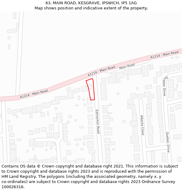 63, MAIN ROAD, KESGRAVE, IPSWICH, IP5 1AG: Location map and indicative extent of plot