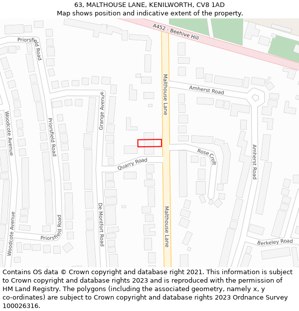 63, MALTHOUSE LANE, KENILWORTH, CV8 1AD: Location map and indicative extent of plot