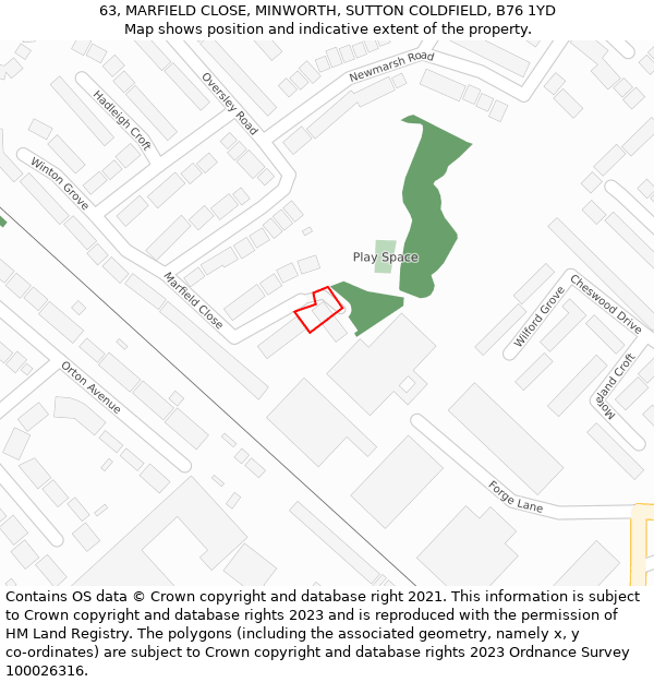 63, MARFIELD CLOSE, MINWORTH, SUTTON COLDFIELD, B76 1YD: Location map and indicative extent of plot