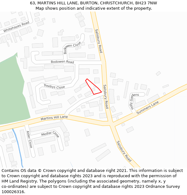 63, MARTINS HILL LANE, BURTON, CHRISTCHURCH, BH23 7NW: Location map and indicative extent of plot