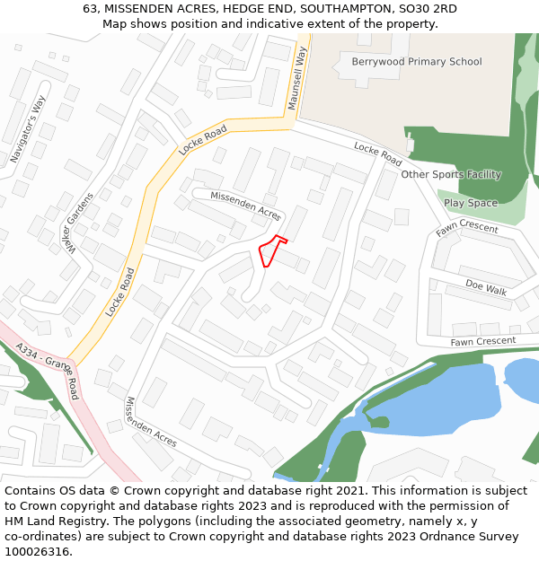 63, MISSENDEN ACRES, HEDGE END, SOUTHAMPTON, SO30 2RD: Location map and indicative extent of plot