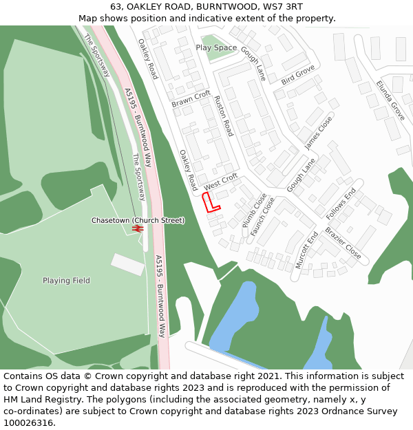 63, OAKLEY ROAD, BURNTWOOD, WS7 3RT: Location map and indicative extent of plot