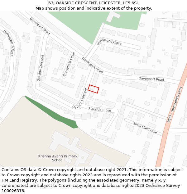 63, OAKSIDE CRESCENT, LEICESTER, LE5 6SL: Location map and indicative extent of plot