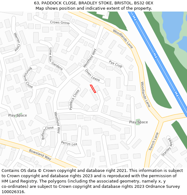 63, PADDOCK CLOSE, BRADLEY STOKE, BRISTOL, BS32 0EX: Location map and indicative extent of plot