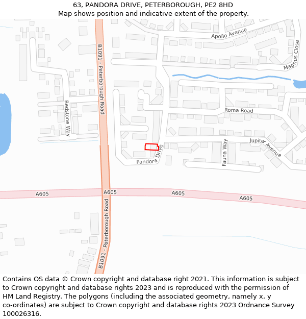 63, PANDORA DRIVE, PETERBOROUGH, PE2 8HD: Location map and indicative extent of plot