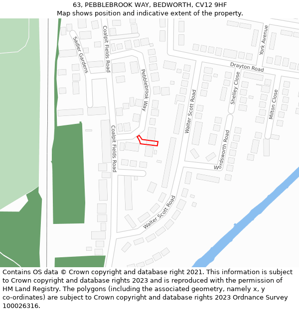 63, PEBBLEBROOK WAY, BEDWORTH, CV12 9HF: Location map and indicative extent of plot