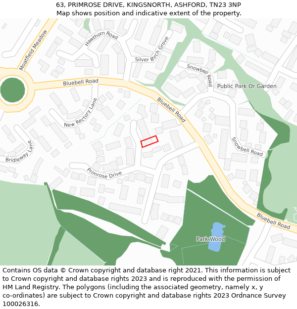 63, PRIMROSE DRIVE, KINGSNORTH, ASHFORD, TN23 3NP: Location map and indicative extent of plot
