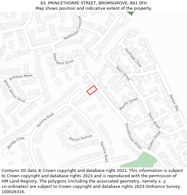 63, PRINCETHORPE STREET, BROMSGROVE, B61 0FH: Location map and indicative extent of plot