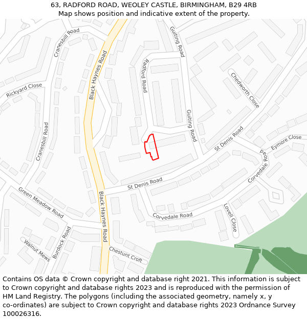 63, RADFORD ROAD, WEOLEY CASTLE, BIRMINGHAM, B29 4RB: Location map and indicative extent of plot