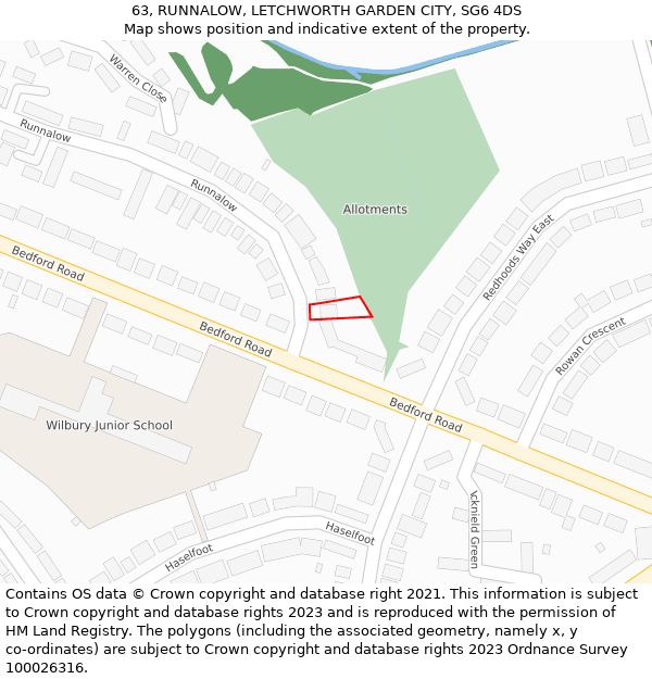 63, RUNNALOW, LETCHWORTH GARDEN CITY, SG6 4DS: Location map and indicative extent of plot