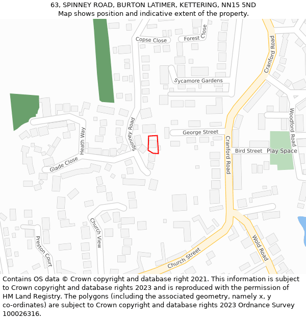 63, SPINNEY ROAD, BURTON LATIMER, KETTERING, NN15 5ND: Location map and indicative extent of plot