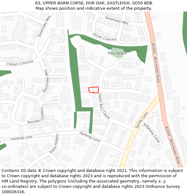 63, UPPER BARN COPSE, FAIR OAK, EASTLEIGH, SO50 8DB: Location map and indicative extent of plot