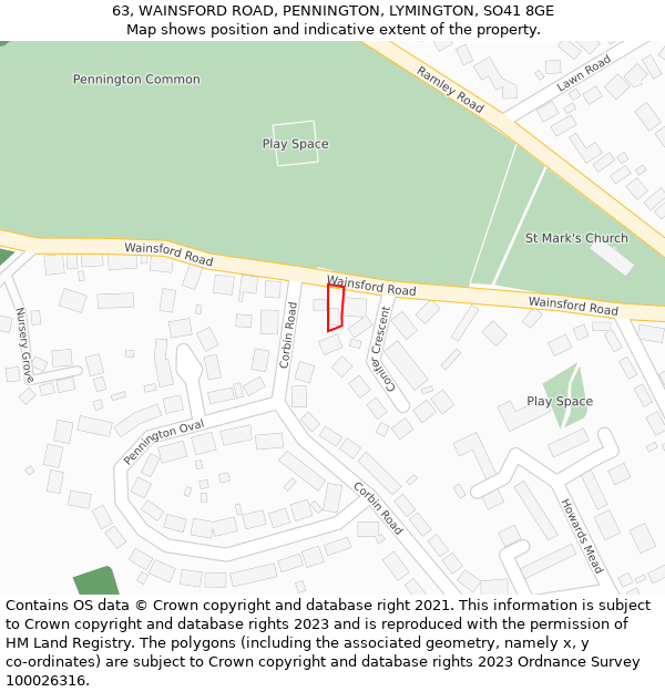 63, WAINSFORD ROAD, PENNINGTON, LYMINGTON, SO41 8GE: Location map and indicative extent of plot