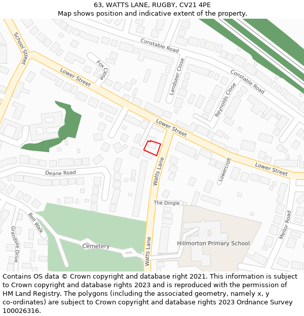 63, WATTS LANE, RUGBY, CV21 4PE: Location map and indicative extent of plot