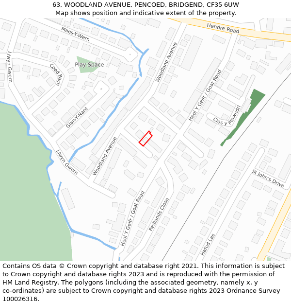 63, WOODLAND AVENUE, PENCOED, BRIDGEND, CF35 6UW: Location map and indicative extent of plot
