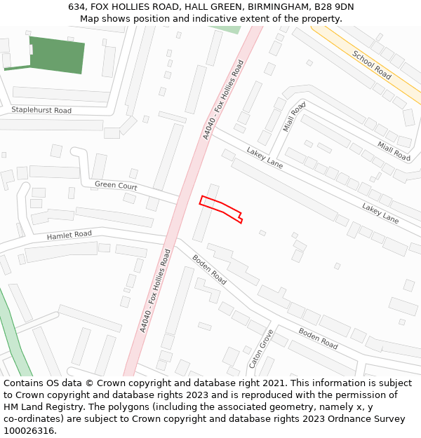 634, FOX HOLLIES ROAD, HALL GREEN, BIRMINGHAM, B28 9DN: Location map and indicative extent of plot