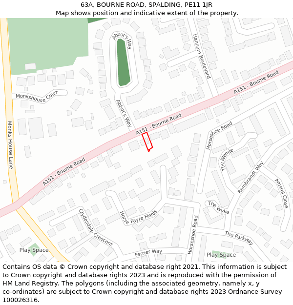 63A, BOURNE ROAD, SPALDING, PE11 1JR: Location map and indicative extent of plot