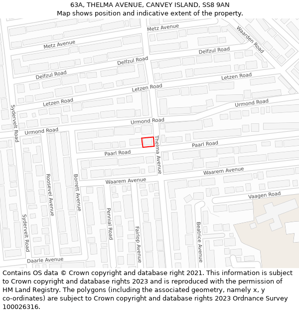 63A, THELMA AVENUE, CANVEY ISLAND, SS8 9AN: Location map and indicative extent of plot