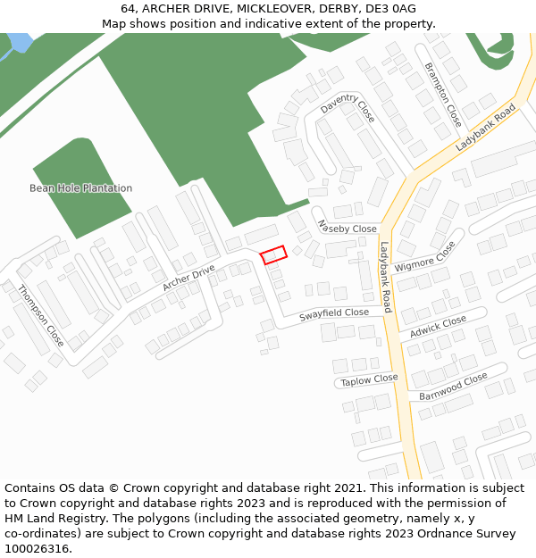 64, ARCHER DRIVE, MICKLEOVER, DERBY, DE3 0AG: Location map and indicative extent of plot