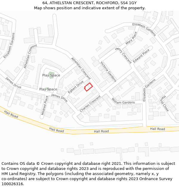 64, ATHELSTAN CRESCENT, ROCHFORD, SS4 1GY: Location map and indicative extent of plot