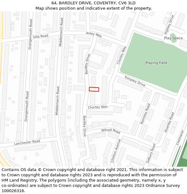 64, BARDLEY DRIVE, COVENTRY, CV6 3LD: Location map and indicative extent of plot