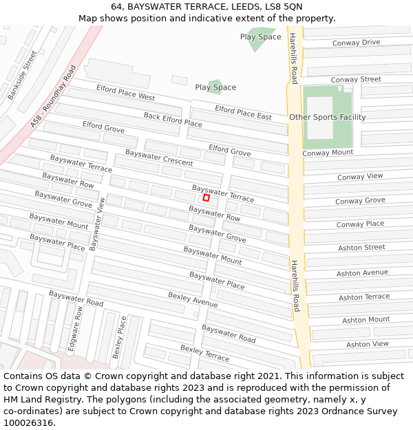 64, BAYSWATER TERRACE, LEEDS, LS8 5QN: Location map and indicative extent of plot