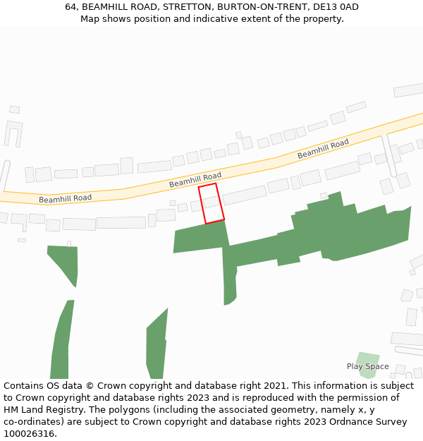 64, BEAMHILL ROAD, STRETTON, BURTON-ON-TRENT, DE13 0AD: Location map and indicative extent of plot