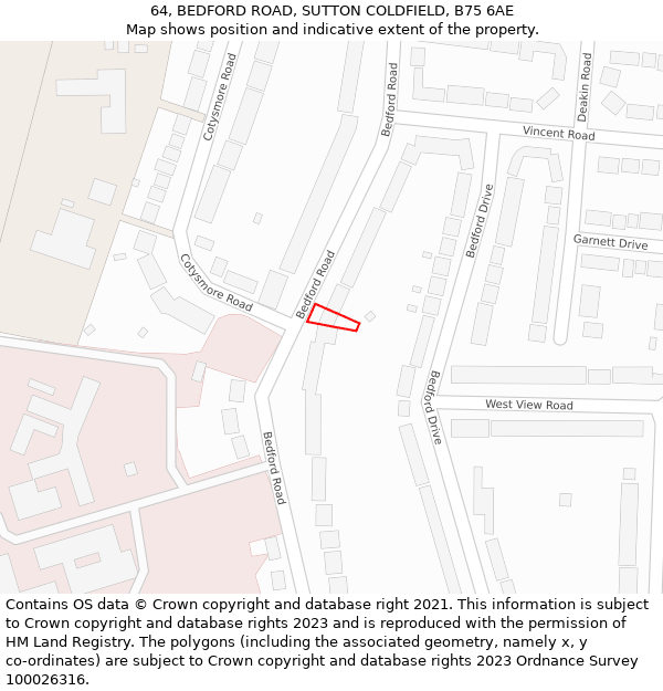 64, BEDFORD ROAD, SUTTON COLDFIELD, B75 6AE: Location map and indicative extent of plot