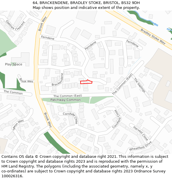 64, BRACKENDENE, BRADLEY STOKE, BRISTOL, BS32 9DH: Location map and indicative extent of plot