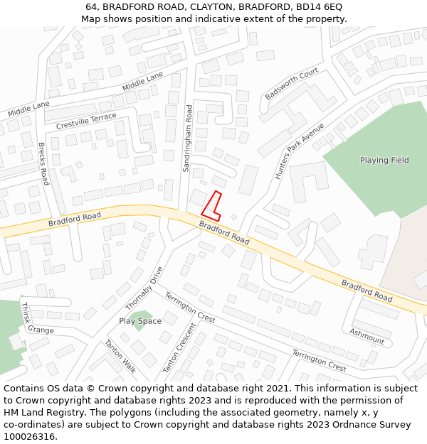 64, BRADFORD ROAD, CLAYTON, BRADFORD, BD14 6EQ: Location map and indicative extent of plot