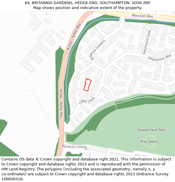 64, BRITANNIA GARDENS, HEDGE END, SOUTHAMPTON, SO30 2RP: Location map and indicative extent of plot