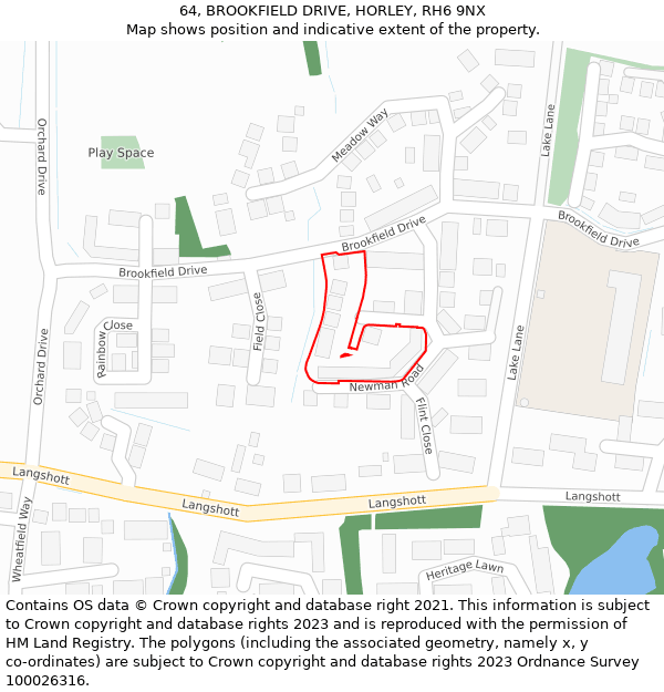 64, BROOKFIELD DRIVE, HORLEY, RH6 9NX: Location map and indicative extent of plot