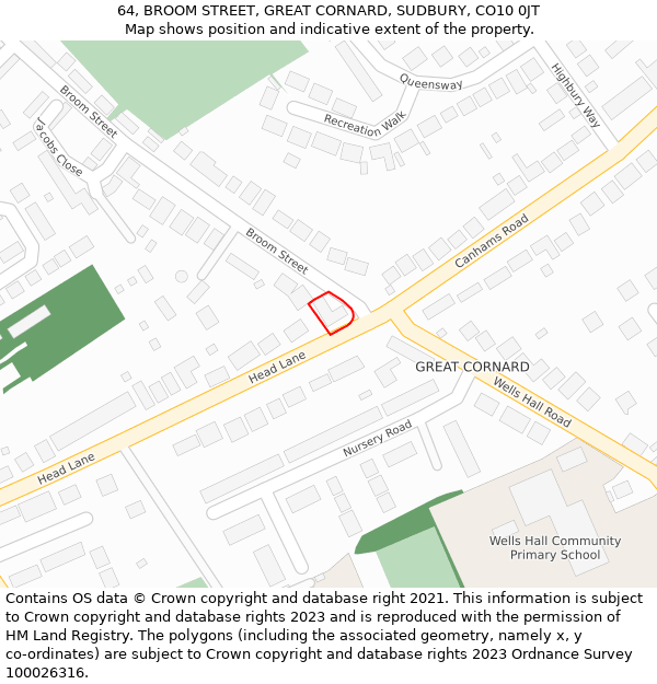 64, BROOM STREET, GREAT CORNARD, SUDBURY, CO10 0JT: Location map and indicative extent of plot