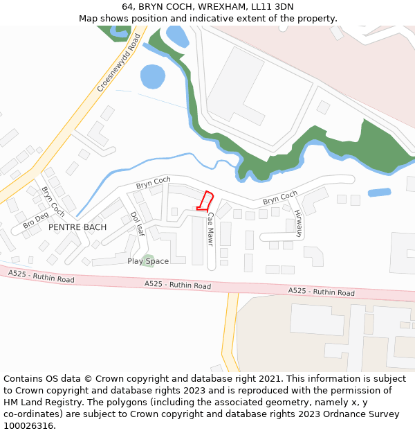 64, BRYN COCH, WREXHAM, LL11 3DN: Location map and indicative extent of plot