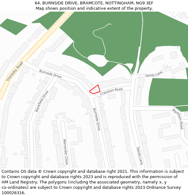 64, BURNSIDE DRIVE, BRAMCOTE, NOTTINGHAM, NG9 3EF: Location map and indicative extent of plot
