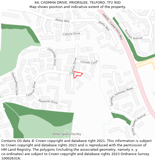 64, CADMAN DRIVE, PRIORSLEE, TELFORD, TF2 9SD: Location map and indicative extent of plot