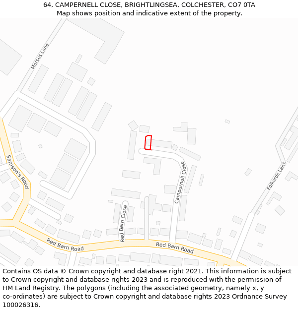 64, CAMPERNELL CLOSE, BRIGHTLINGSEA, COLCHESTER, CO7 0TA: Location map and indicative extent of plot