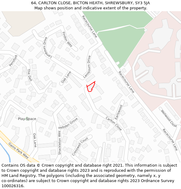 64, CARLTON CLOSE, BICTON HEATH, SHREWSBURY, SY3 5JA: Location map and indicative extent of plot