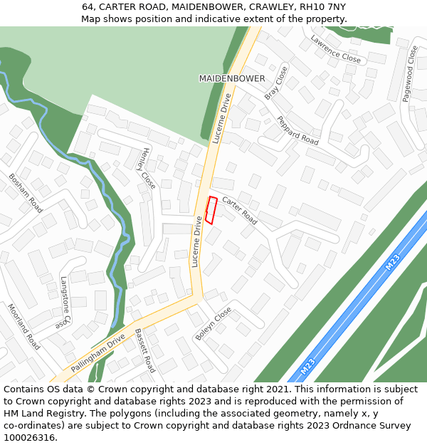 64, CARTER ROAD, MAIDENBOWER, CRAWLEY, RH10 7NY: Location map and indicative extent of plot