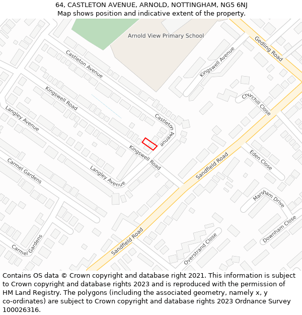 64, CASTLETON AVENUE, ARNOLD, NOTTINGHAM, NG5 6NJ: Location map and indicative extent of plot