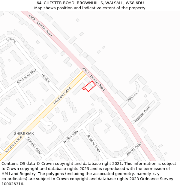 64, CHESTER ROAD, BROWNHILLS, WALSALL, WS8 6DU: Location map and indicative extent of plot