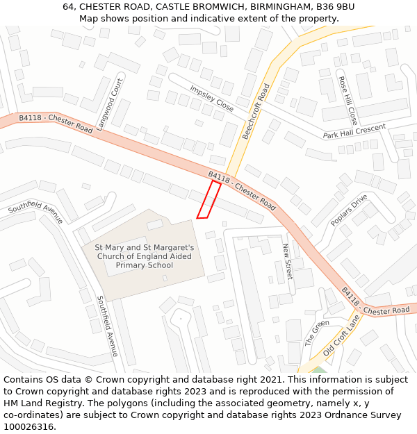 64, CHESTER ROAD, CASTLE BROMWICH, BIRMINGHAM, B36 9BU: Location map and indicative extent of plot