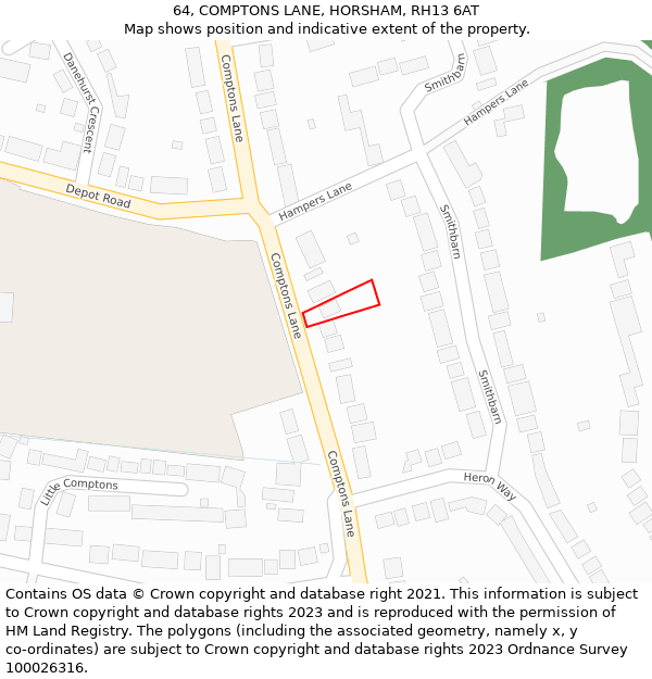 64, COMPTONS LANE, HORSHAM, RH13 6AT: Location map and indicative extent of plot