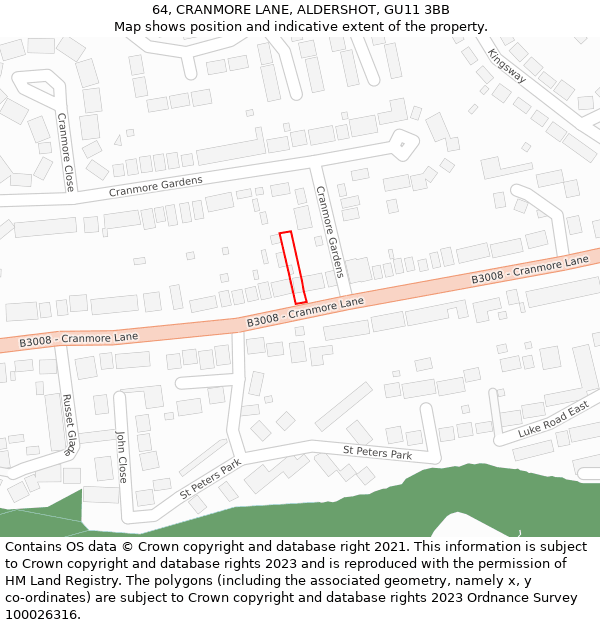 64, CRANMORE LANE, ALDERSHOT, GU11 3BB: Location map and indicative extent of plot