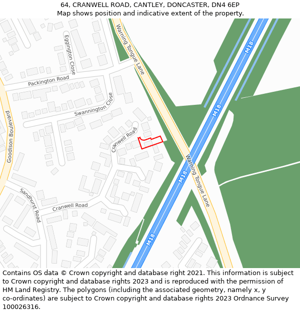 64, CRANWELL ROAD, CANTLEY, DONCASTER, DN4 6EP: Location map and indicative extent of plot